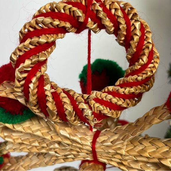 Vintage Straw Rattan Wicker Woven Hanging Basket Bells Christmas Decor Boho MCM - Picture 3 of 12